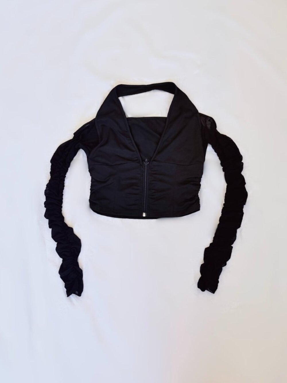 Black Halter Zip Front Ruched Crop Top Mesh Sleeves Cold Shoulder M